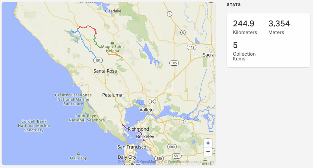 A map of the extended San Francisco Bay Area, with GPS tracks drawn from Oakland over the Richmond bridge, then a gap to a track starting in Santa Rosa. The Santa Rosa track goes north and ends at an unlabeled lake. From there, another track heads east towards Clearlake, then a fourth goes south towards Mount Saint Helena. A fifth does a loop south of Mount Saint Helena.

A legend reads "Stats: 244.9 Kilometers, 3,354 Meters, 5 Collection Items"